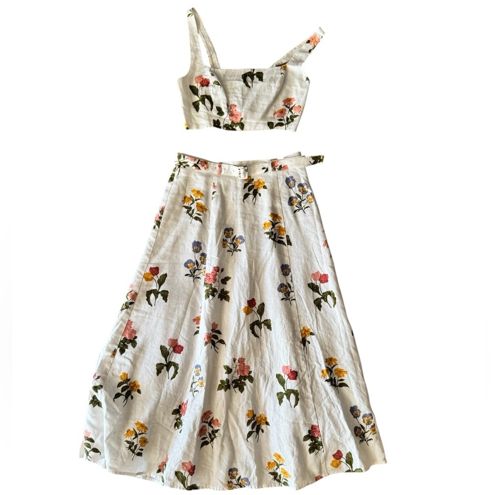 Reformation Cole Two Piece Set Size 2 Floral Crop Top Skirt Linen - Picture 3 of 12